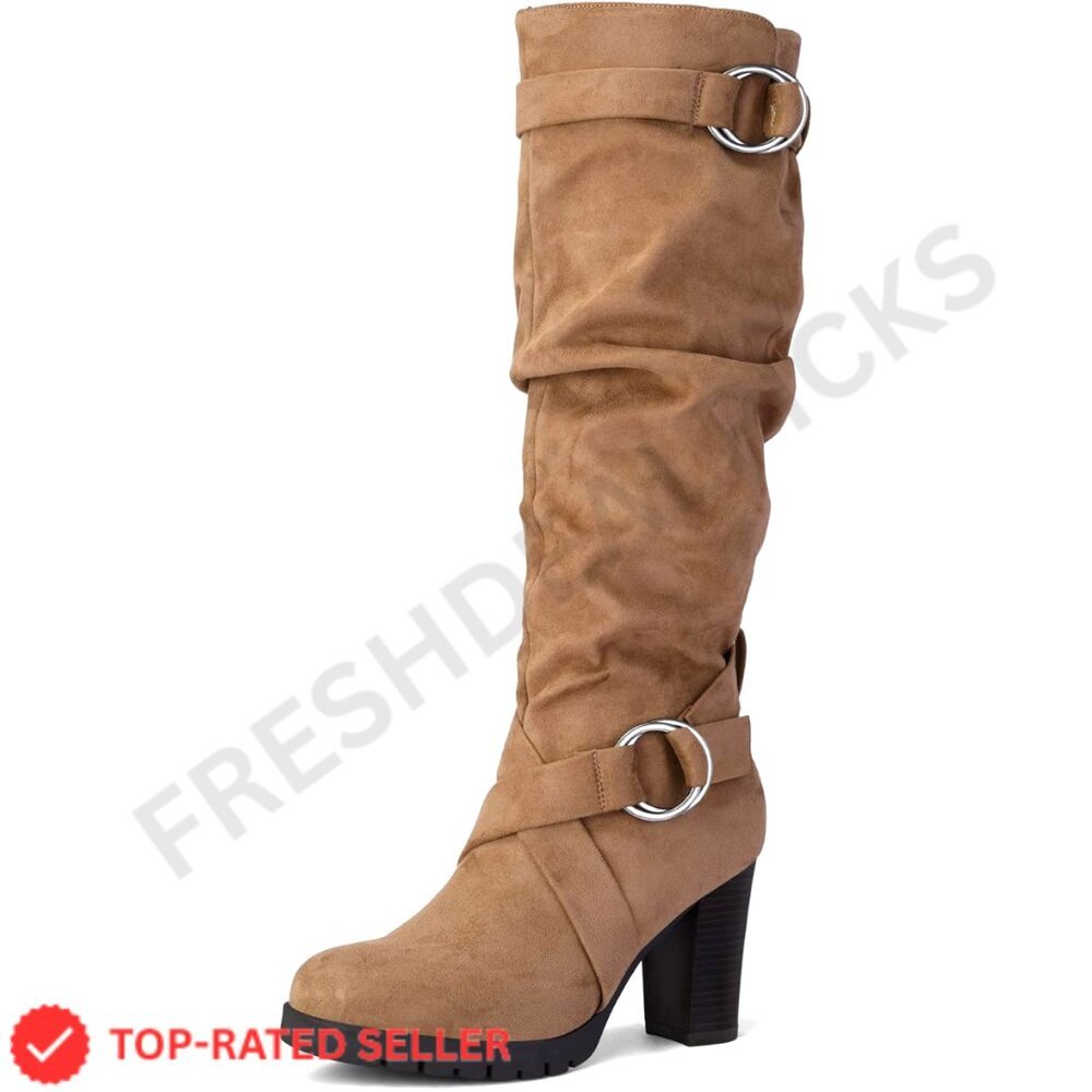 Brand New Mysoft Boots 6.5 Tan Knee High Chunky Heel